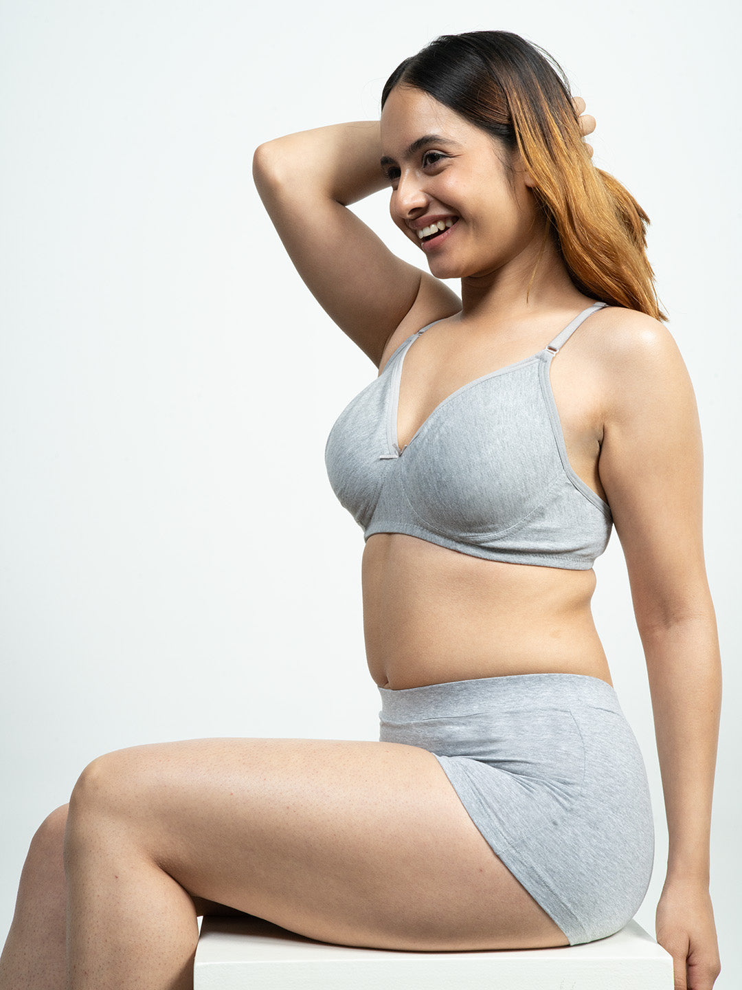 revoue everyday antimicrobial non-padded wirefree pure cotton 3/4th coverage grey t-shirt bra and grey boyshort panty combo