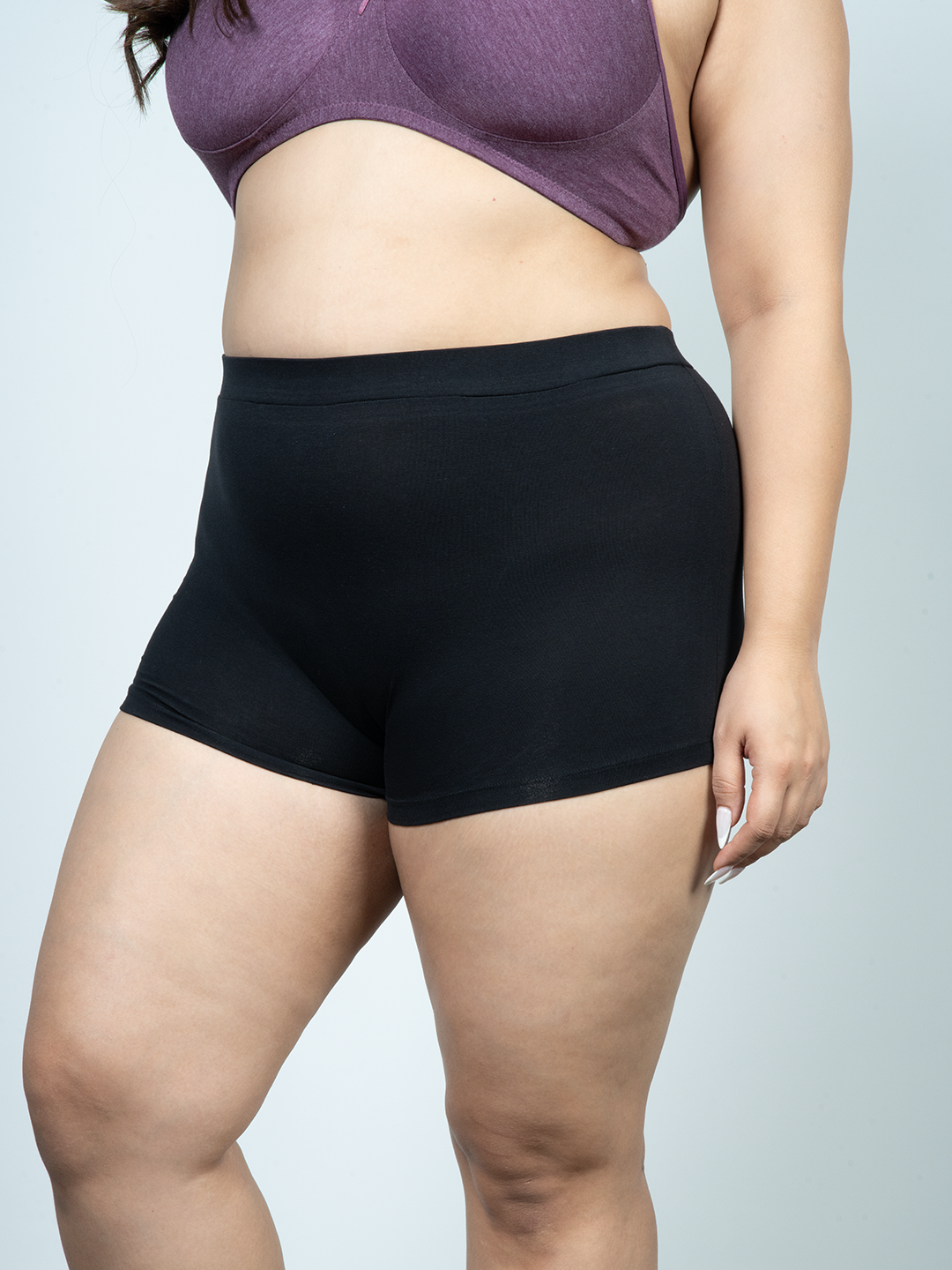 revoue everyday antimicrobial non-padded wirefree pure cotton 3/4th coverage plum purple t-shirt bra and black boyshort panty combo