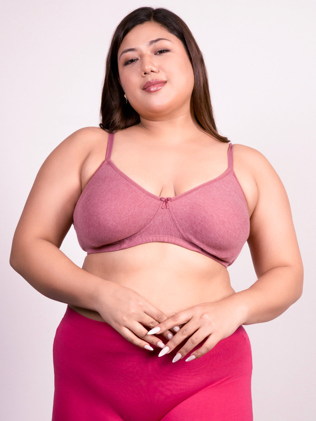 revoue everyday antimicrobial non-padded wirefree pure cotton 3/4th coverage dusty rose t-shirt bra and pink boyshort panty combo