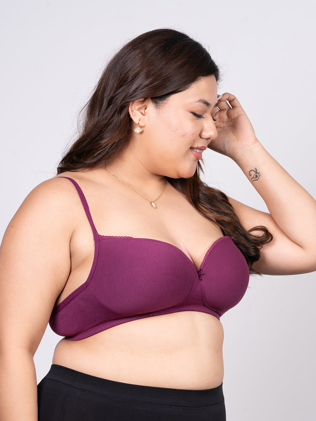 revoue wine balconette padded medium coverage wirefree bra and black boyshort panty combo