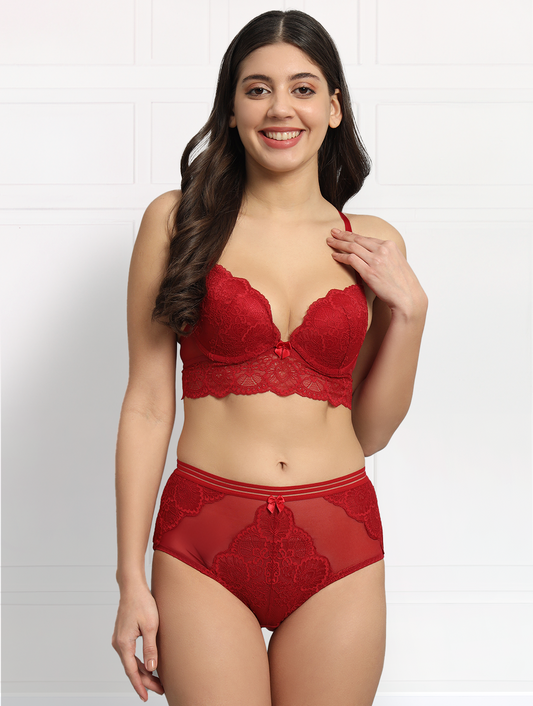 revoue premium lingerie set (racerback laced padded wired full-cup bralette & low waist bikini panty)