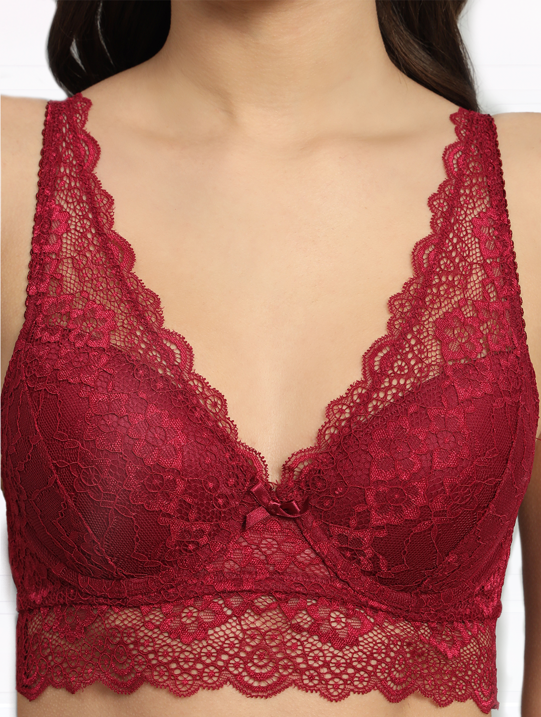 revoue premium sexy burgundy lingerie set (laced double layered padded wired full-cup bralette & low waist bikini panty)
