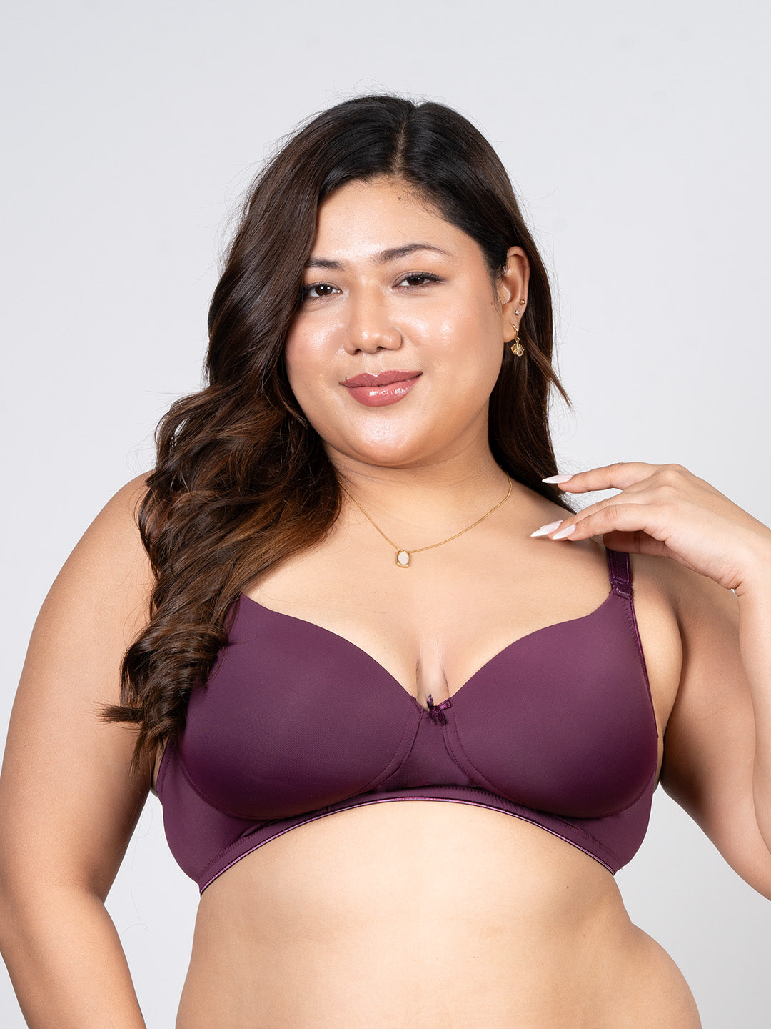 revoue wirefree padded full coverage wine t-shirt bra and purple hipster panty combo