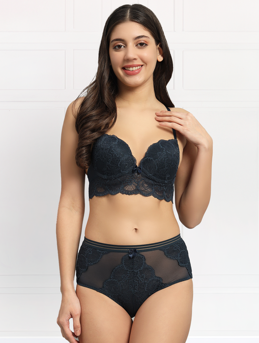 revoue premium ash blue lingerie set (racerback laced padded wired full-cup bralette & low waist bikini panty)