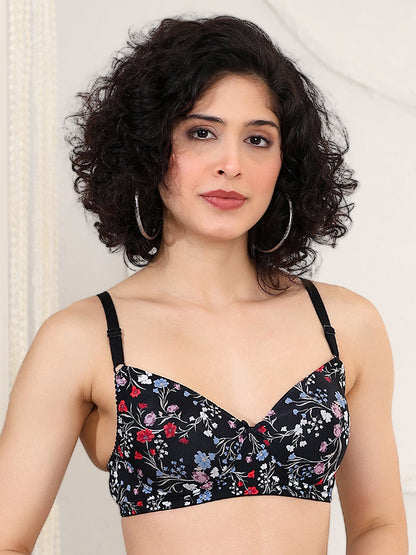 Soft micro polyamide black ditsy floral printed bra