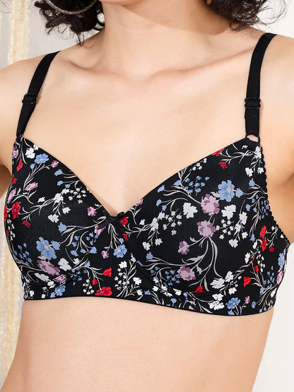 Soft micro polyamide black ditsy floral printed bra