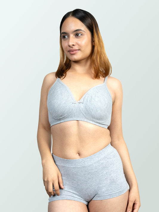 revoue everyday antimicrobial non-padded wirefree pure cotton 3/4th coverage grey t-shirt bra and grey boyshort panty combo