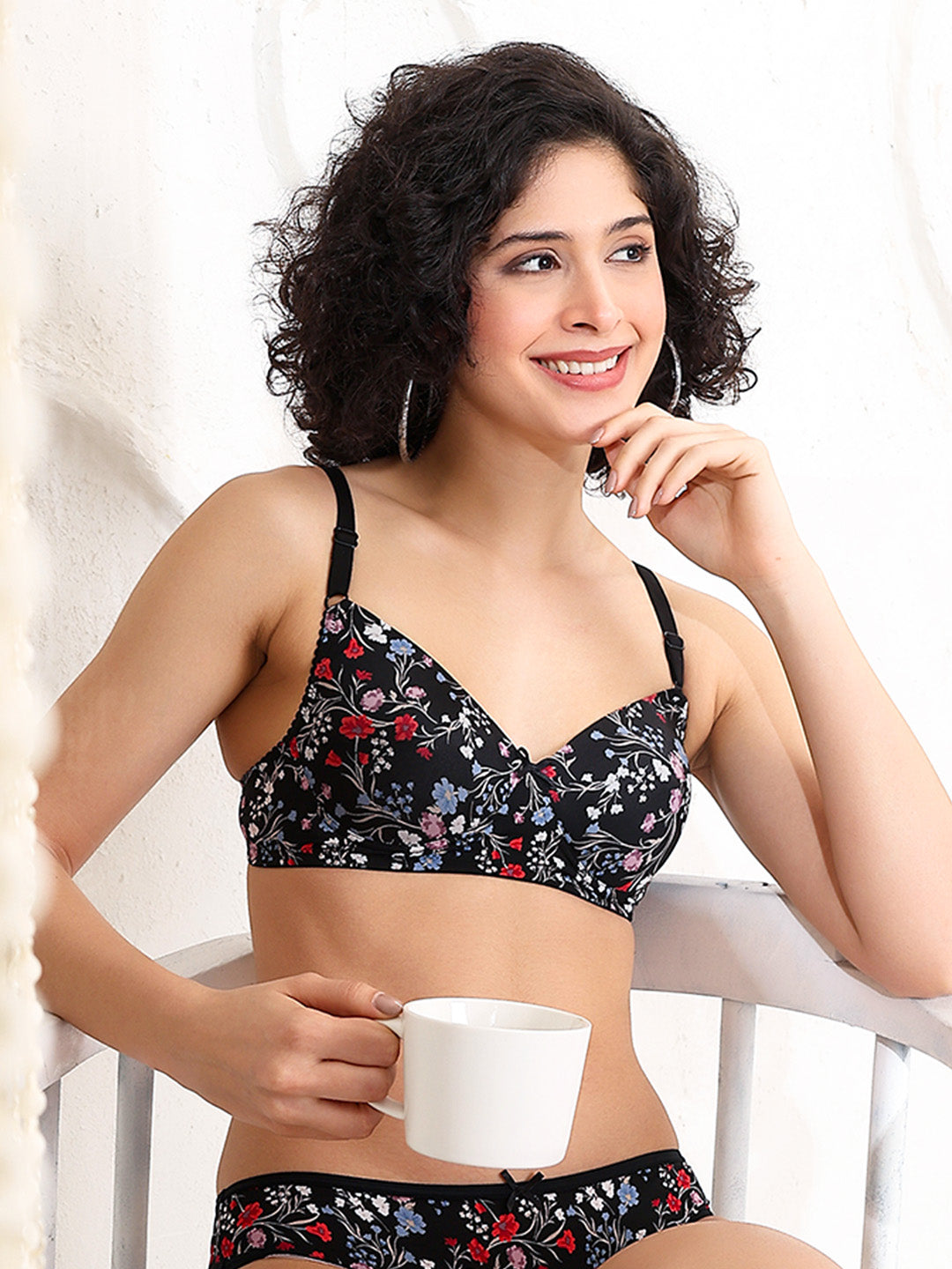 Soft micro polyamide black ditsy floral printed bra