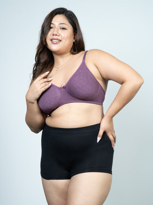 revoue everyday antimicrobial non-padded wirefree pure cotton 3/4th coverage plum purple t-shirt bra and black boyshort panty combo