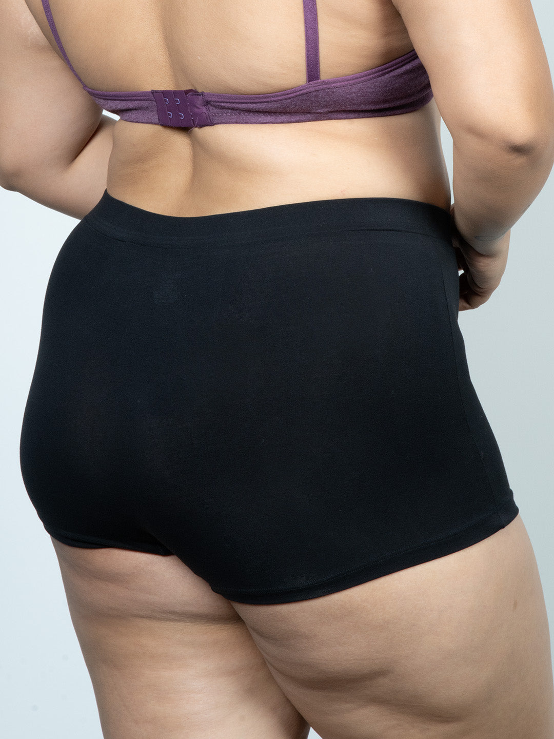 revoue everyday antimicrobial non-padded wirefree pure cotton 3/4th coverage plum purple t-shirt bra and black boyshort panty combo