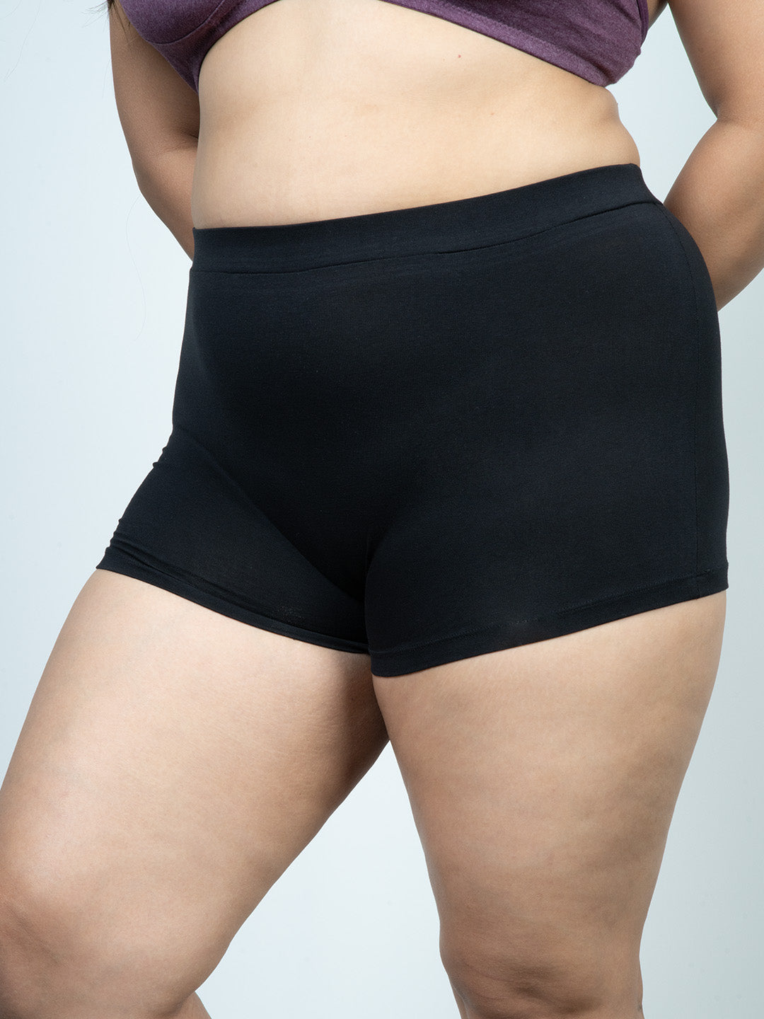 revoue everyday antimicrobial non-padded wirefree pure cotton 3/4th coverage plum purple t-shirt bra and black boyshort panty combo