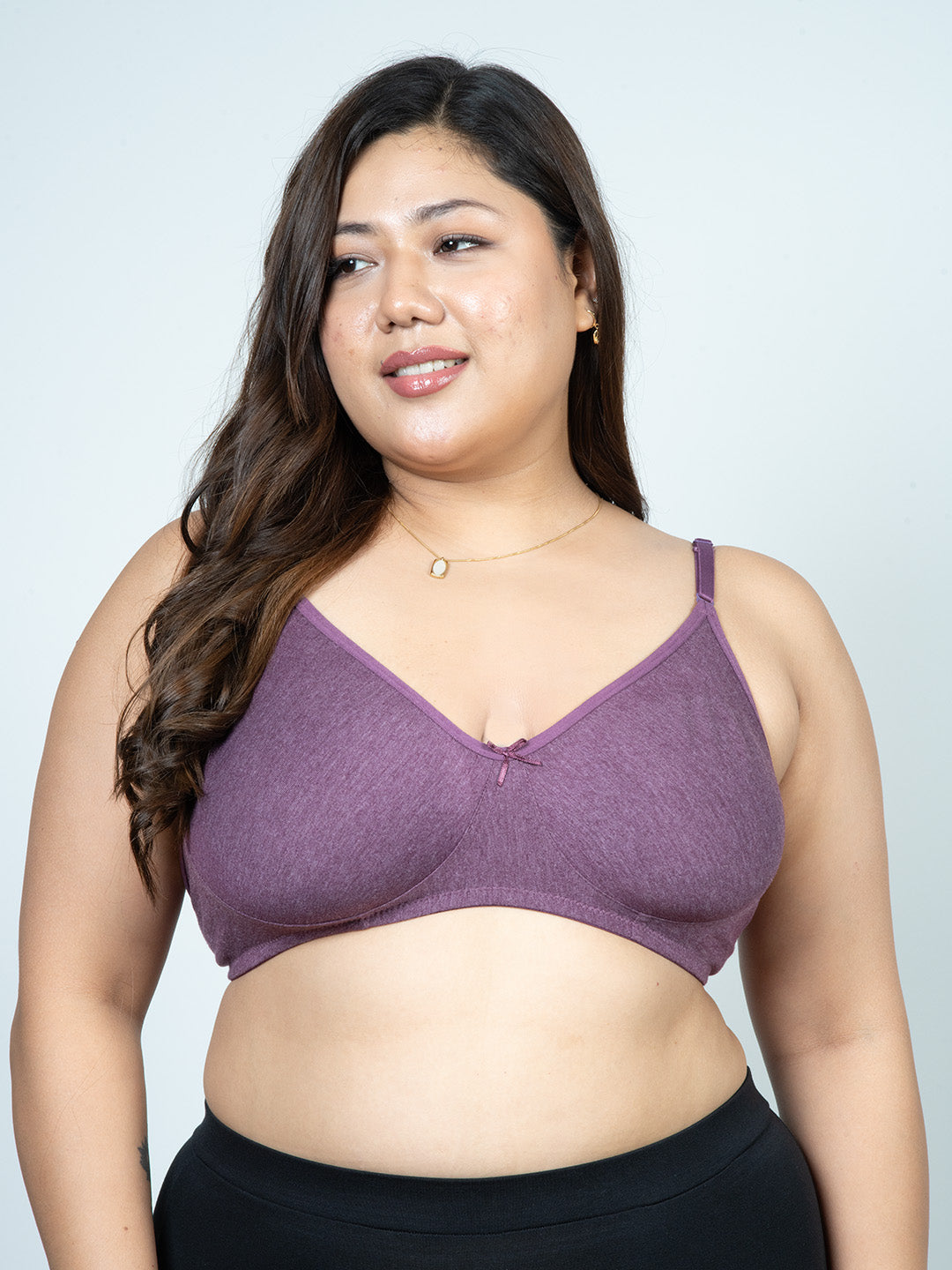 revoue everyday antimicrobial non-padded wirefree pure cotton 3/4th coverage plum purple t-shirt bra and black boyshort panty combo