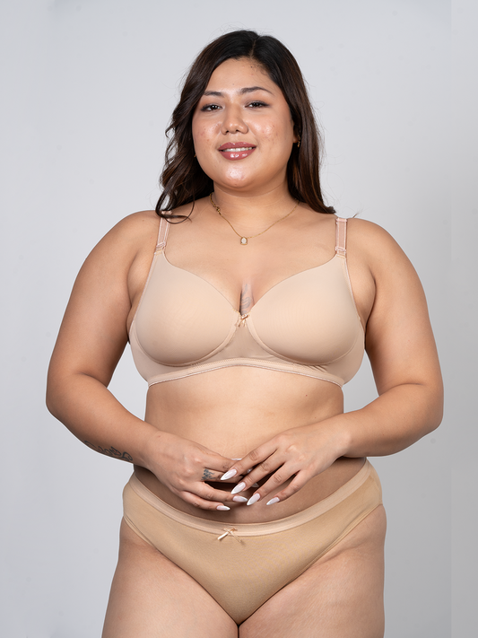 revoue premium padded wirefree full coverage nude t-shirt bra and nude bikini panty combo