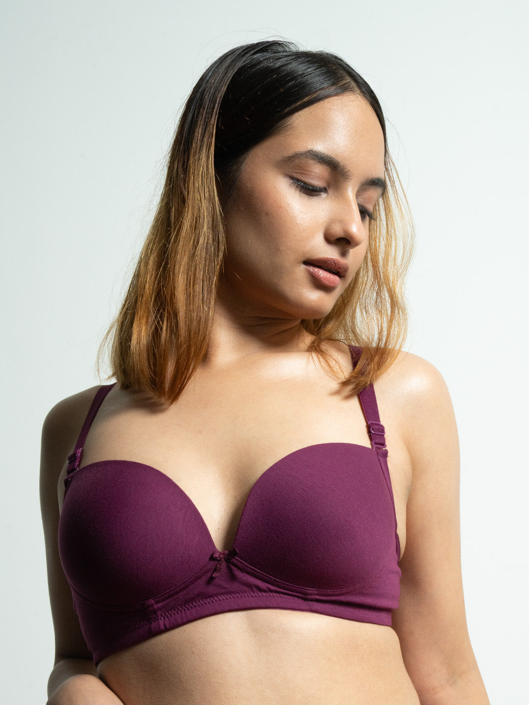 revoue comfy padded wirefree low coverage wine t-shirt bra and wine seamless hipster panty combo