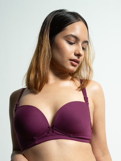 revoue comfy padded wirefree low coverage wine t-shirt bra and wine seamless hipster panty combo