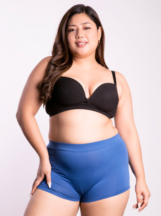 revoue comfy padded wirefree low coverage black t-shirt bra and blue boyshort panty combo
