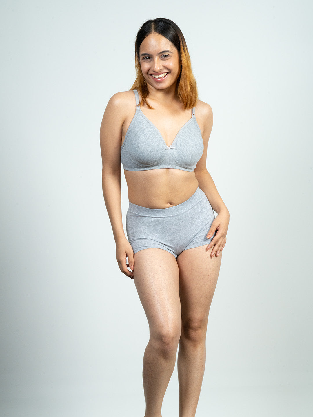 revoue everyday antimicrobial non-padded wirefree pure cotton 3/4th coverage grey t-shirt bra and grey boyshort panty combo