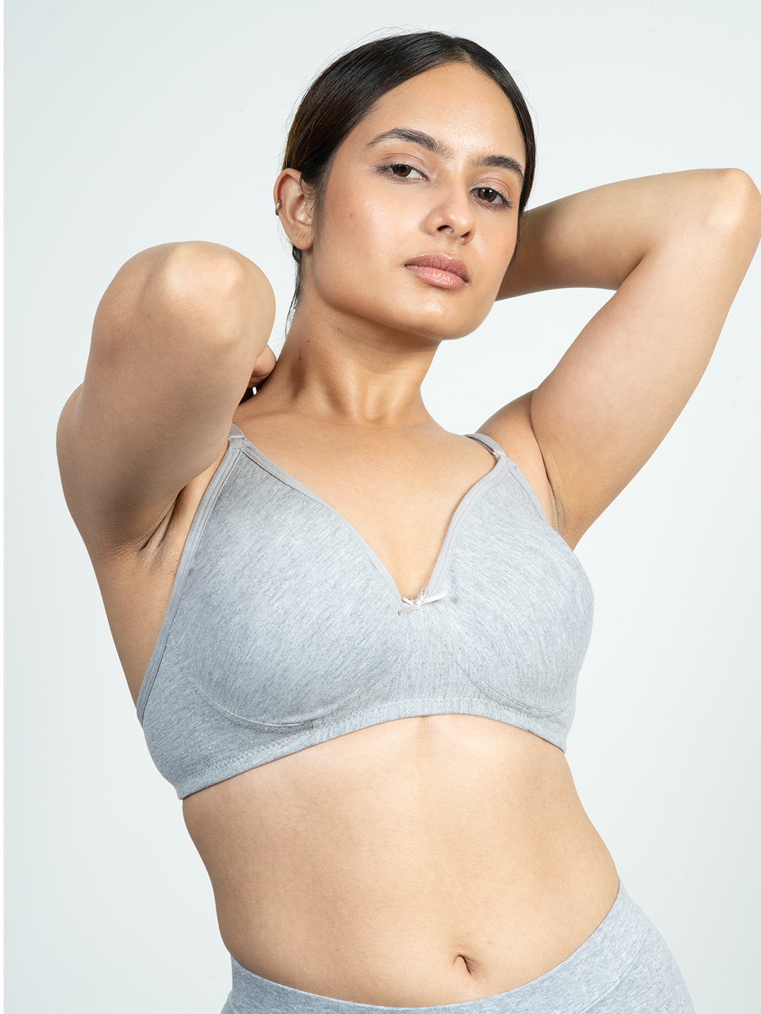 revoue everyday antimicrobial non-padded wirefree pure cotton 3/4th coverage grey t-shirt bra and grey boyshort panty combo