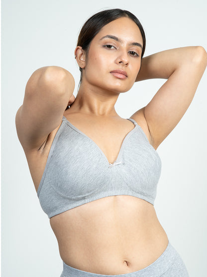 revoue everyday antimicrobial non-padded wirefree pure cotton 3/4th coverage grey t-shirt bra and grey boyshort panty combo