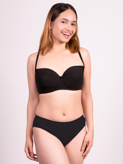 revoue black balconette padded medium coverage wirefree bra and black bikini panty combo