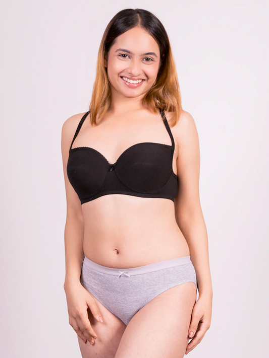 revoue black balconette padded medium coverage wirefree bra and grey bikini panty combo