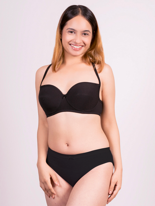 revoue black balconette padded medium coverage wirefree bra and black bikini panty combo