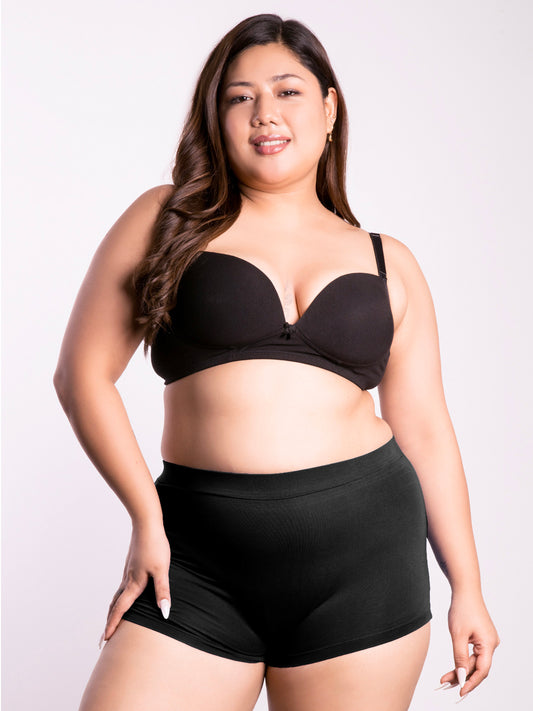 revoue comfy padded wirefree low coverage black t-shirt bra and black boyshort panty combo