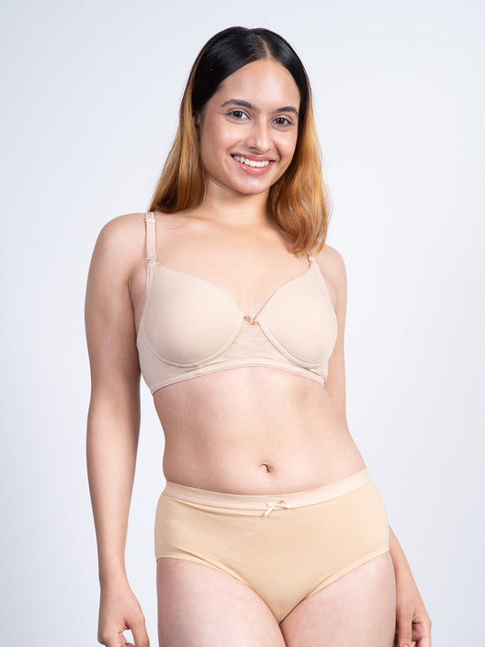 revoue premium padded wirefree full coverage nude t-shirt bra and beige hipster panty combo