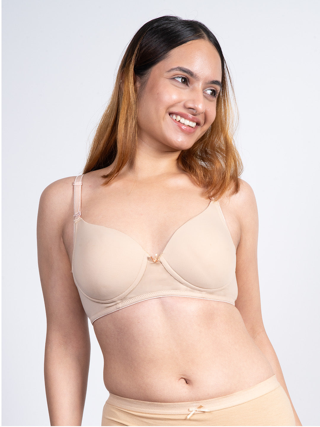 revoue premium padded wirefree full coverage nude t-shirt bra and beige hipster panty combo
