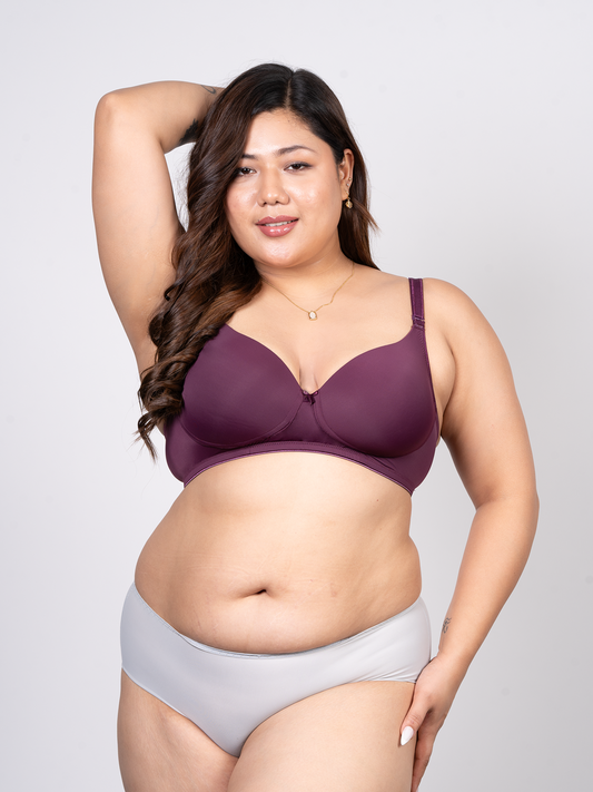 revoue wine balconette padded medium coverage wirefree bra and grey seamless hipster panty combo