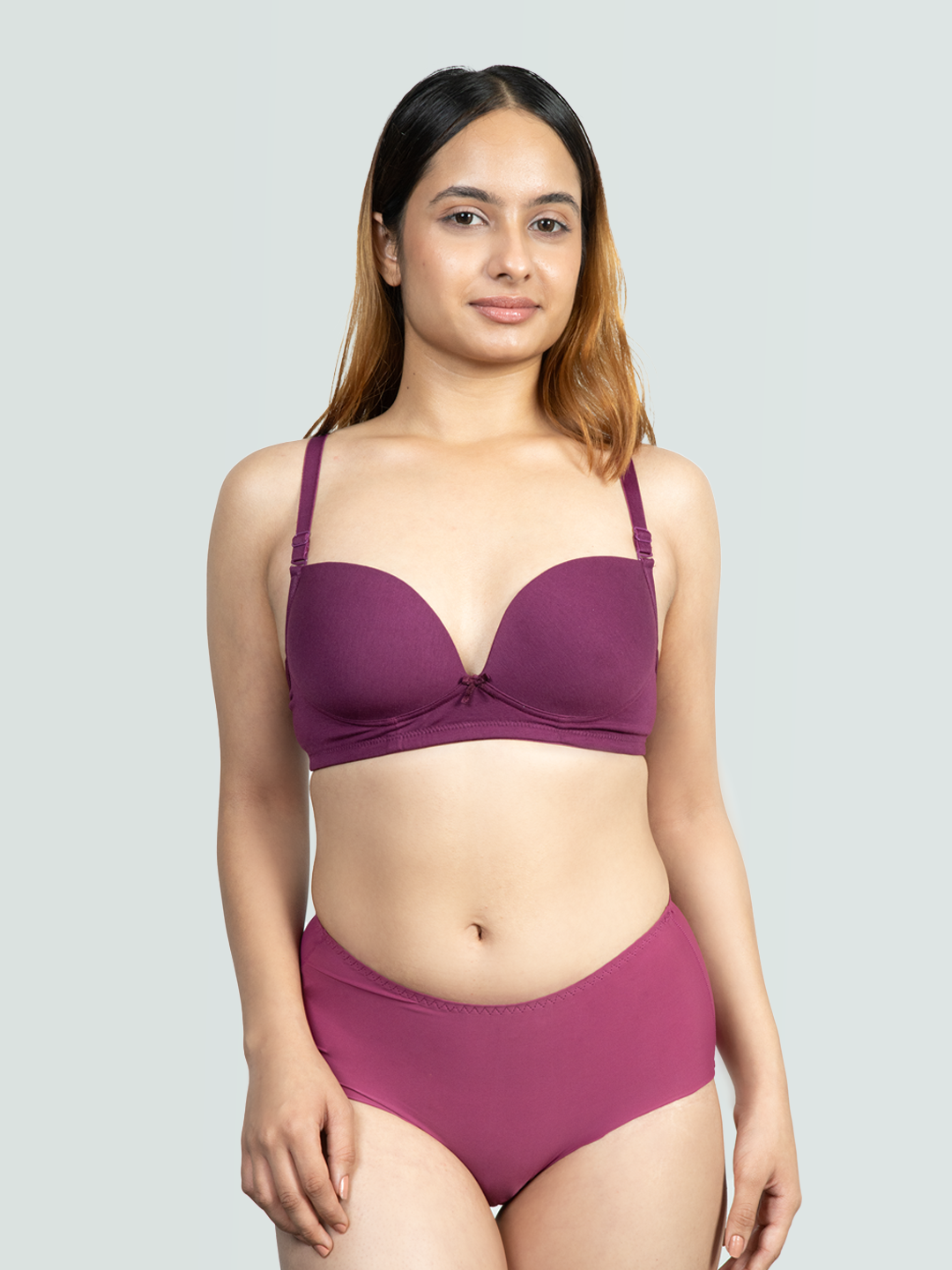 revoue comfy padded wirefree low coverage wine t-shirt bra and wine seamless hipster panty combo