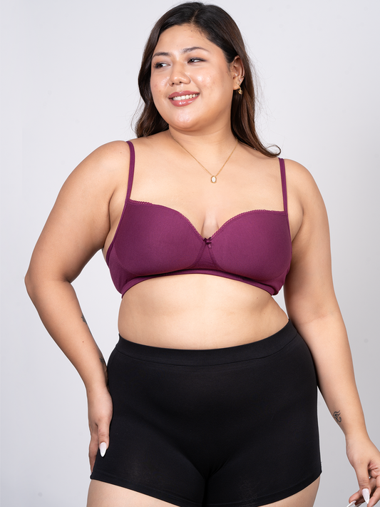 revoue wine balconette padded medium coverage wirefree bra and black boyshort panty combo