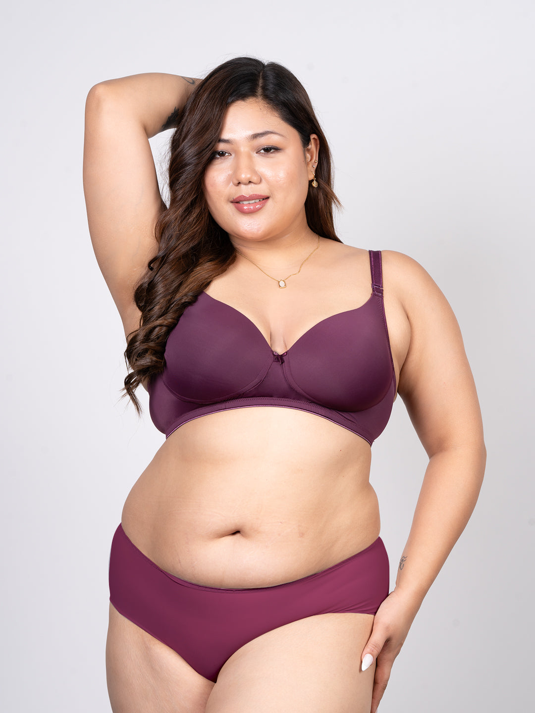 revoue premium padded wirefree full coverage wine t-shirt bra and wine seamless hipster panty combo