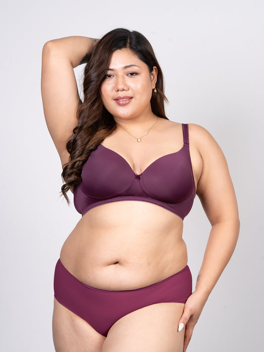 revoue premium padded wirefree full coverage wine t-shirt bra and wine seamless hipster panty combo