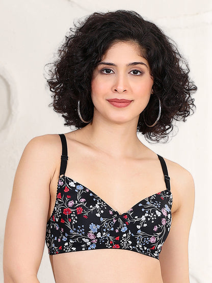 Soft micro polyamide black ditsy floral printed bra