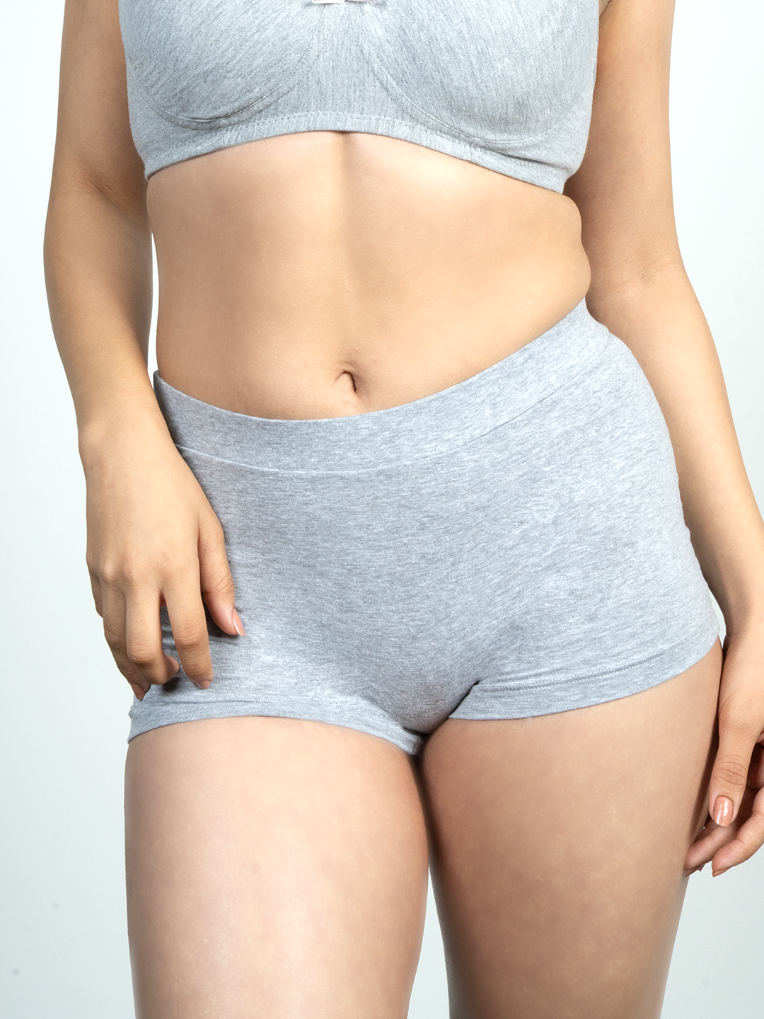 revoue everyday antimicrobial non-padded wirefree pure cotton 3/4th coverage grey t-shirt bra and grey boyshort panty combo