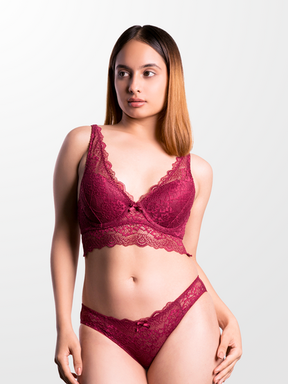 revoue premium sexy burgundy lingerie set (laced double layered padded wired full-cup bralette & low waist bikini panty)