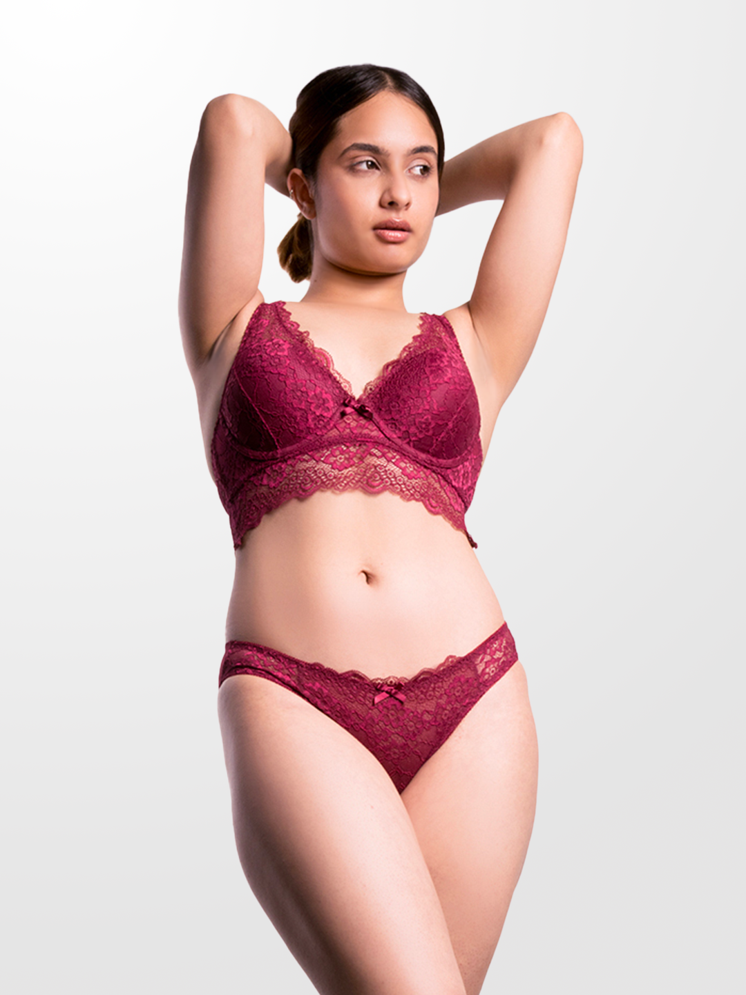revoue premium sexy burgundy lingerie set (laced double layered padded wired full-cup bralette & low waist bikini panty)
