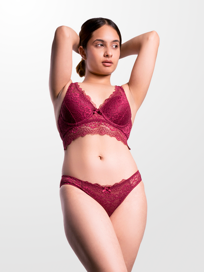 revoue premium sexy burgundy lingerie set (laced double layered padded wired full-cup bralette & low waist bikini panty)