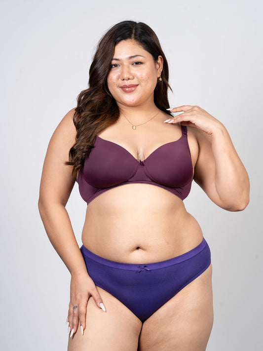 revoue premium padded wirefree full coverage wine t-shirt bra and purple hipster panty combo