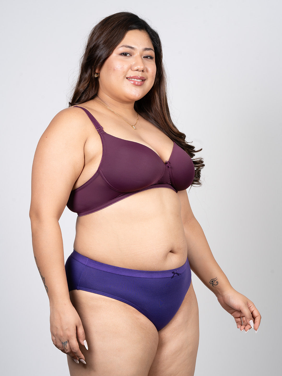 revoue premium padded wirefree full coverage wine t-shirt bra and purple hipster panty combo