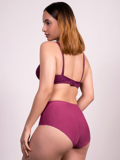 revoue comfy padded wirefree low coverage wine t-shirt bra and wine seamless hipster panty combo