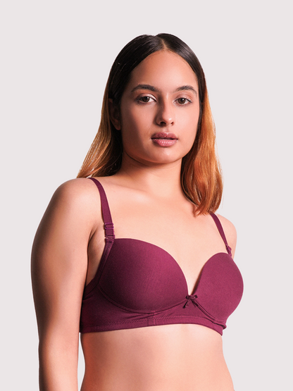 revoue comfy padded wirefree low coverage wine t-shirt bra and wine seamless hipster panty combo